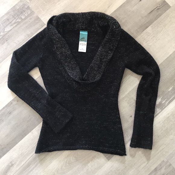Aphorism Black And Metallic Silver Mohair Blend Plunging Cowel Neck Sweater Sz L - Picture 1 of 5
